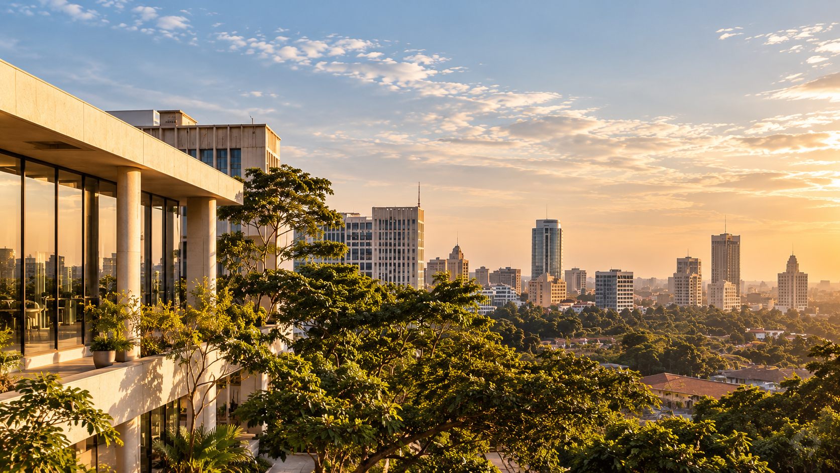 Illustrative photograph of a stone terrace above green trees and a city skyline in warm evening light, not the actual chambers