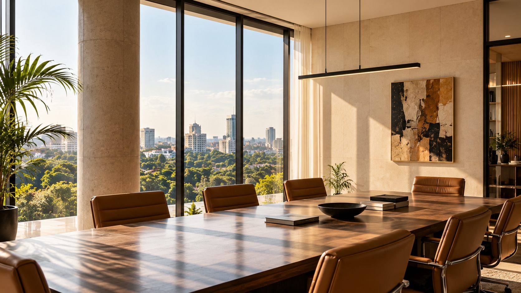 Illustrative photograph of a boardroom with a long timber table and leather chairs, not the actual chambers