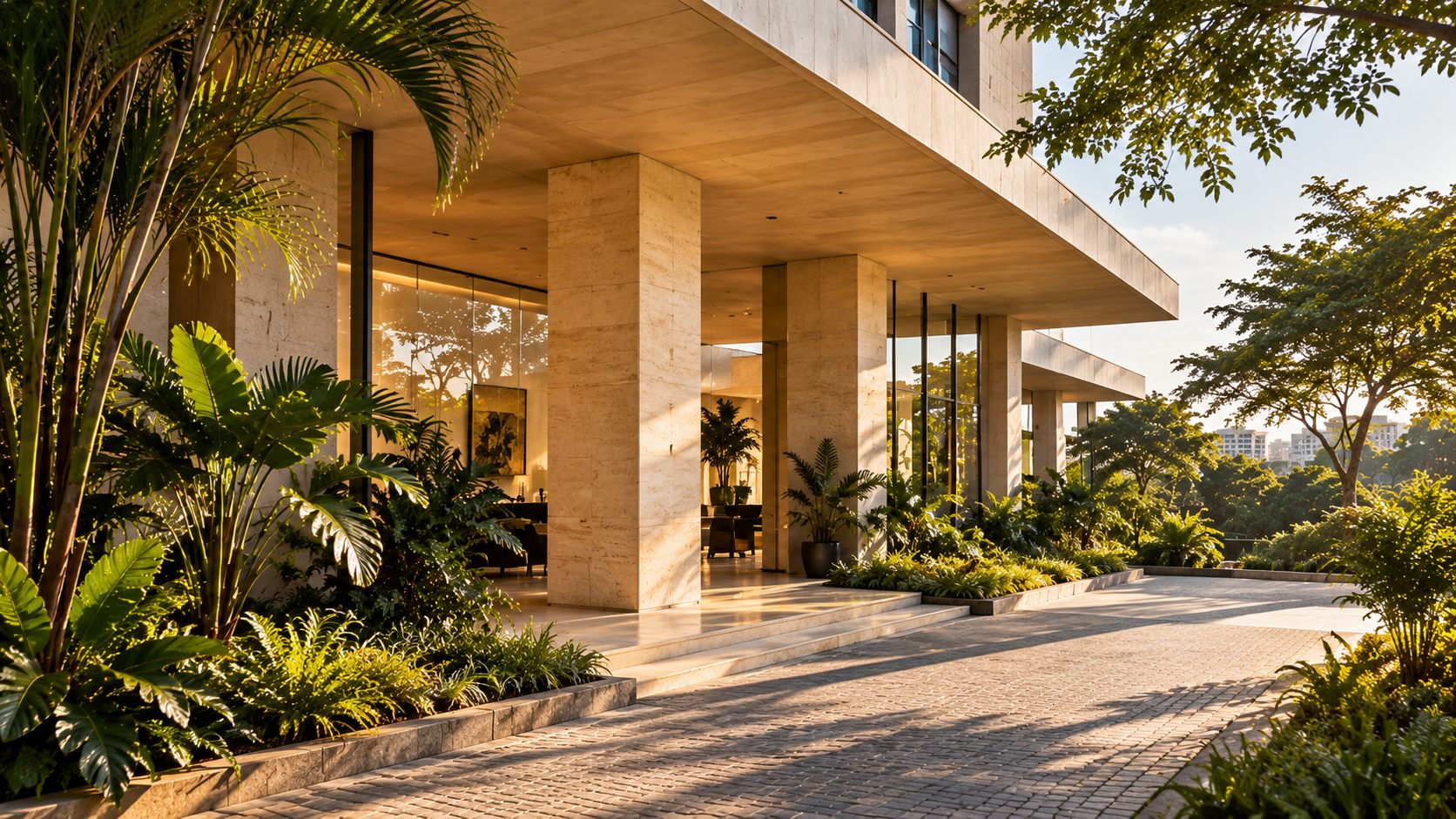 Illustrative photograph of a stone-clad office building entrance with palms and an evening glow, not the actual chambers