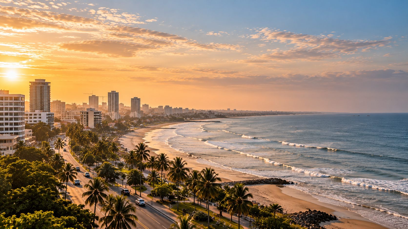 Illustrative photograph of Accra's coastline at sunset, with palms along the road and the Gulf of Guinea beyond