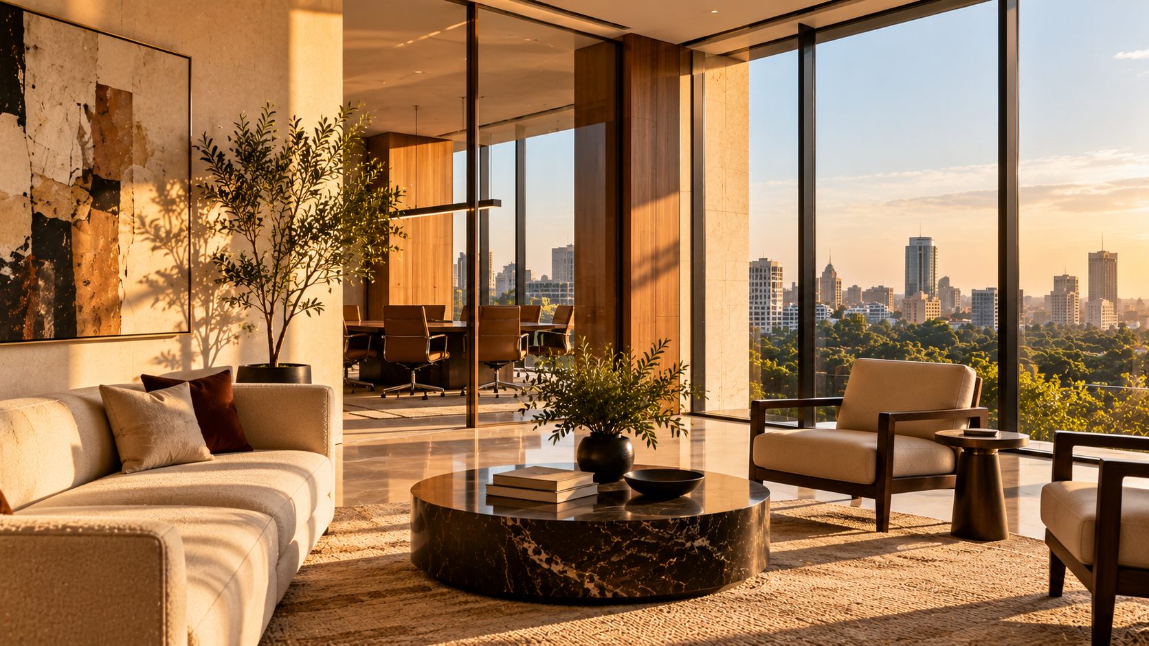 Illustrative photograph of a calm client lounge with a sofa, a stone coffee table and a view over the city, not the actual chambers