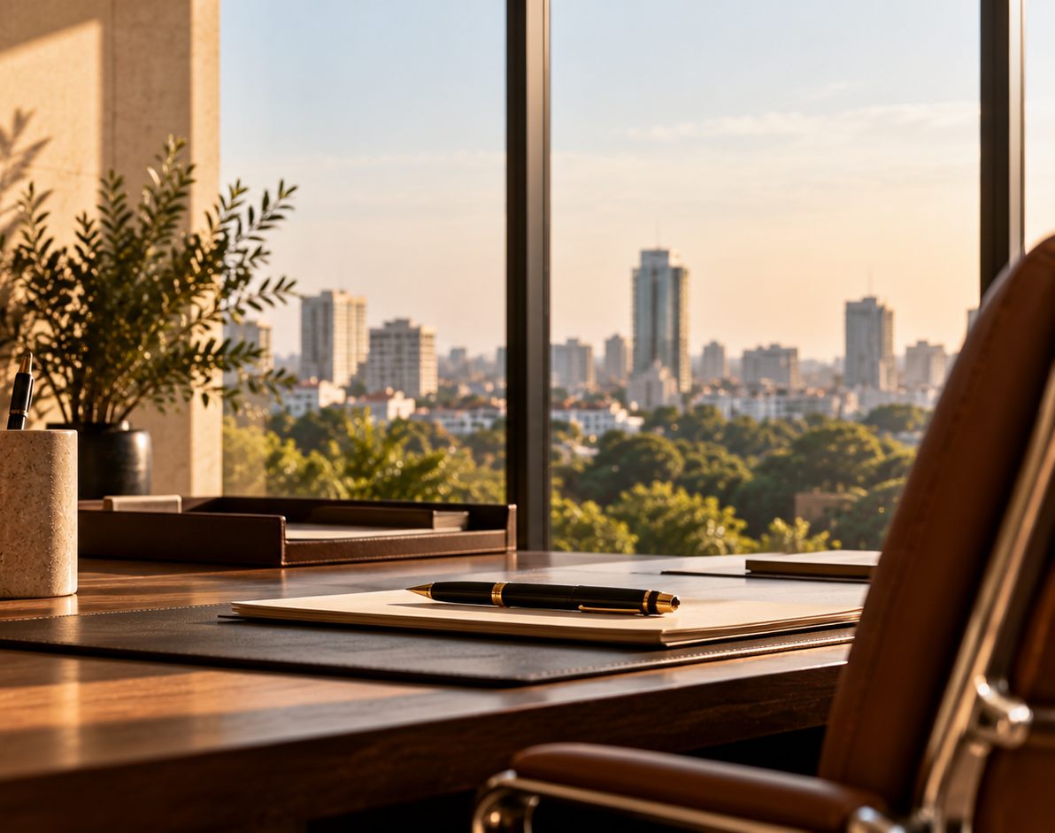 Illustrative photograph of a desk by a window with a pen on a closed notebook and a city view, not the actual chambers